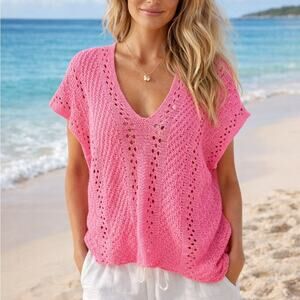 WOODEN SHIPS Cotton Pink Open Knit Sweater Size Medium/Large Beachy Summer